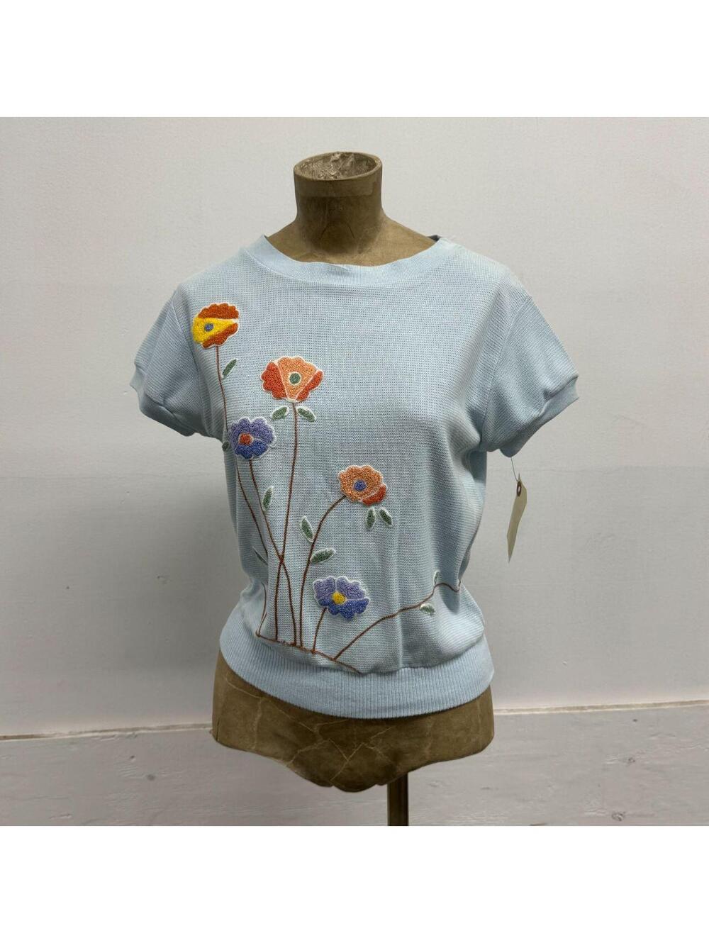 Vintage 1980s Pastel Baby Blue Floral Chenille Knit Short-Sleeve Sweater